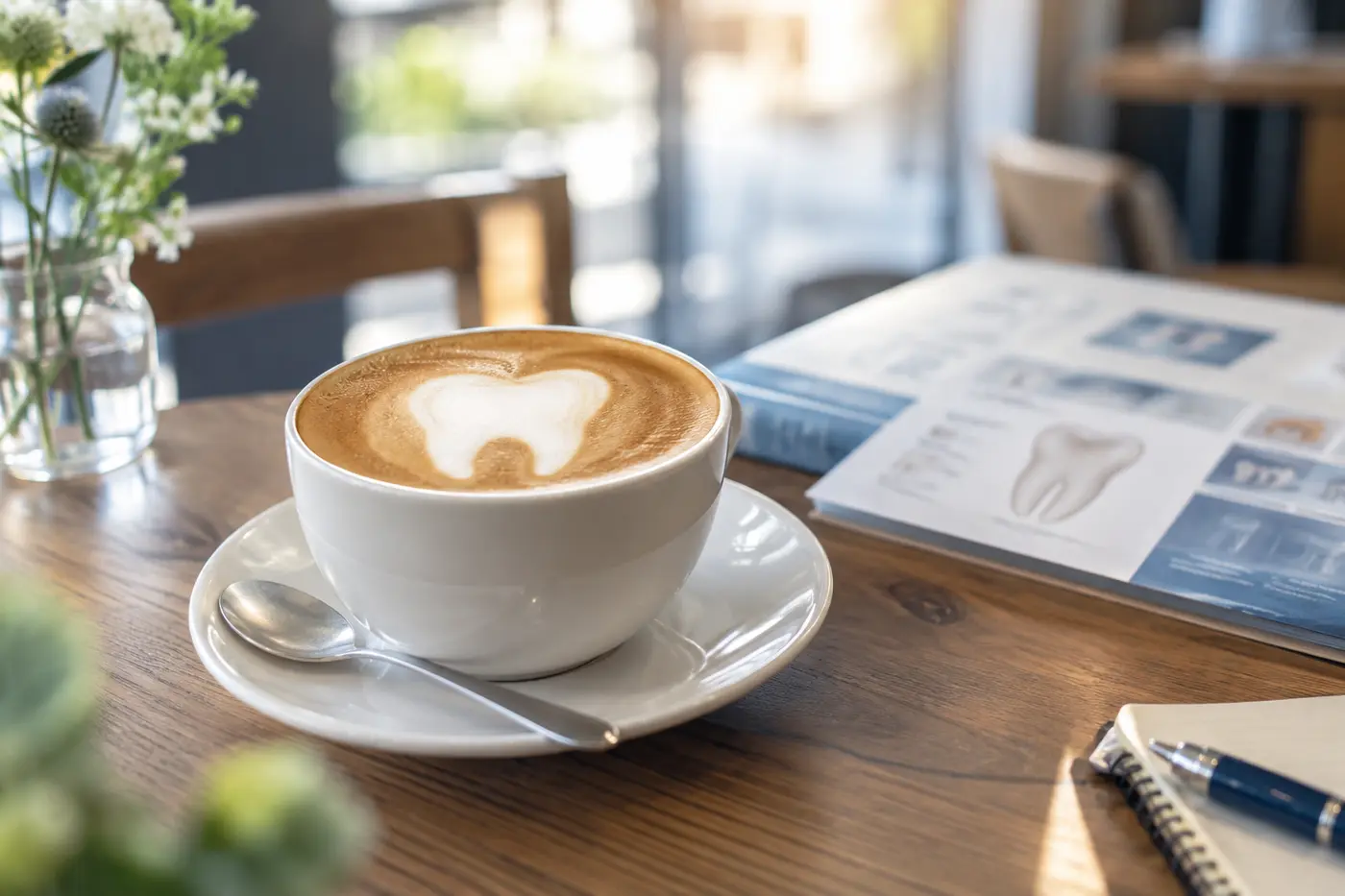 歯をかたどったラテアートとコーヒーカップ